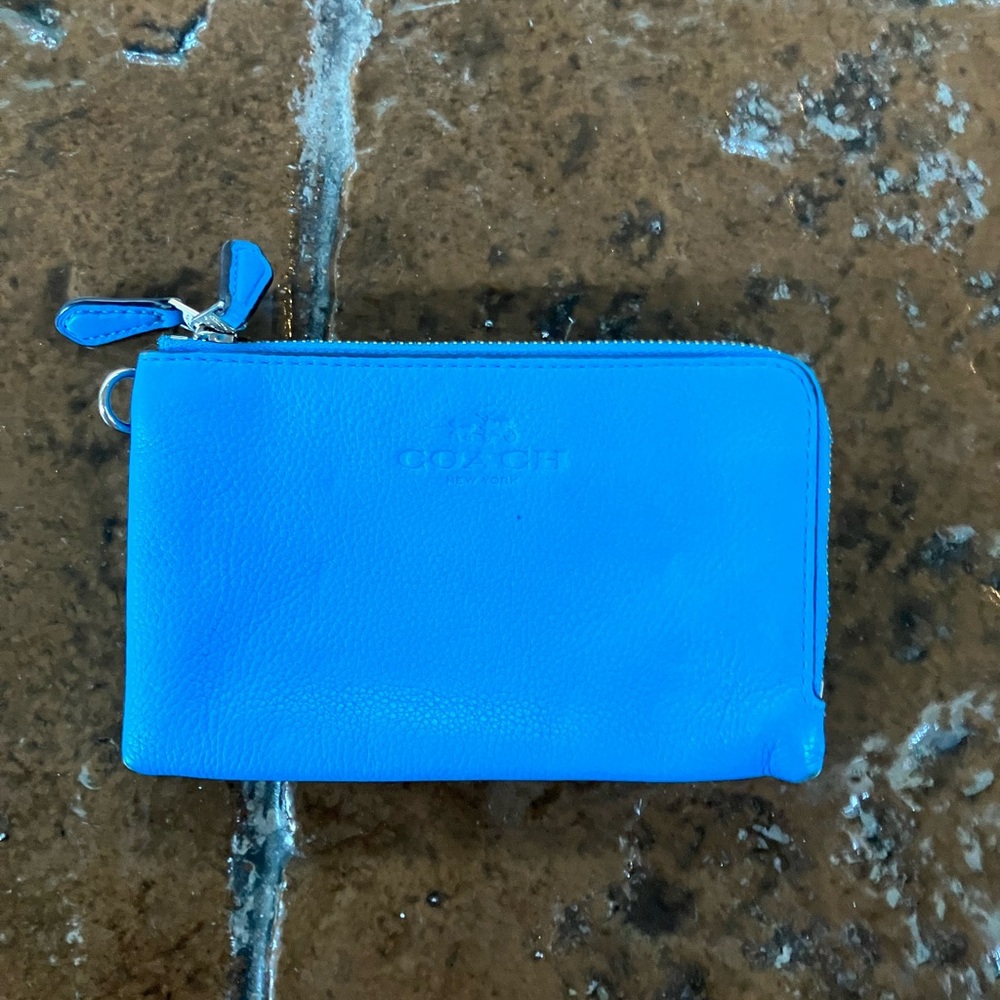 Coach Blue Leather Double Zip bright blue wallet